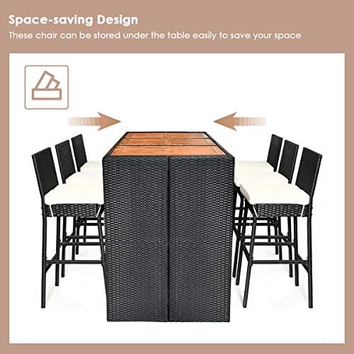 Tangkula 7 PCS Outdoor Wicker Furniture with Acacia Wood Bar Table Top and Removable Cushion, Conversation Set for Dining, Patios, Backyards, Porches, Gardens and Poolside (Black) - Image 7