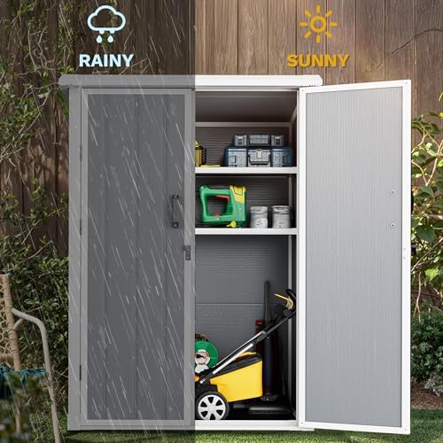 DWVO 60 Cuft Outdoor Tall Storage Shed with 2 Shelves, 5X3FT Vertical Tool Shed with Floor & Lockable Doors, Sturdy Double-Wall Plastic Cabinet for Garbage Cans and Garden Equipment (Gray) - Image 5