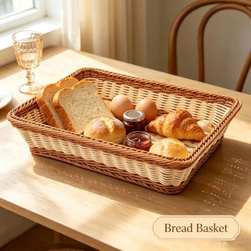 RT&BS 2pcs Wicker Bread Basket for Serving, Wicker Fruit Basket, Display Baskets for Vegetable Fruit, Reusable Handwoven Serving Baskets for Kitchen, Store, Restaurant, Outdoor (Bicolor, M) - Image 3