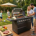 46 inch 6-Burner Stainless Steel Outdoor Kitchen Barbecue Island, 75300 BTU Gas Grill with Rotisserie, Granite Top & LED Controls, Black, Propane/NG Ready by HomeMindful