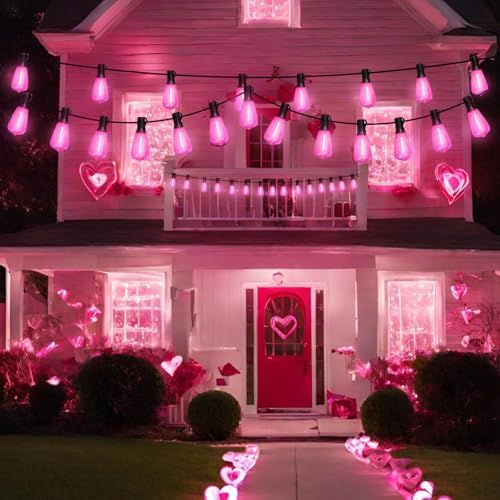 LAMPHOME 26Ft ST38 Outdoor String Lights, Pink Valentine's Day Patio Lights with 12+1 ST38 Edison Bulbs, LED Shatterproof String Lights for Outside Bistro Christmas Wedding Party Decorations - Image 2