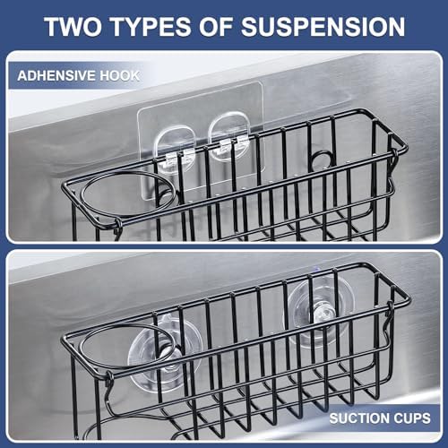 3-In-1 Sponge Holder for Kitchen Sink, 2 Type Suspension Options (Suction Cups & Adhesive Hook), Hanging Sink Caddy Organizer Rack - Sponge, Dish Cloth, Brush, Scrubber, 304 Stainless Steel - Black - Image 2