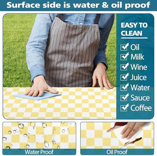 Picnic Table Cover with Bench Covers and Bag, Yellow White Checkered Gingham Buffalo Plaid Camping Tablecloth Waterproof Windproof Elastic Edges Fitted Tablecloths for Outdoor Garden 3PCS 30x72 Inch - Image 6