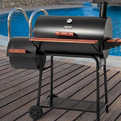 Royal Gourmet 30-Inch Charcoal Grill with Offset Smoker, Wood-Painted Table - Image 3