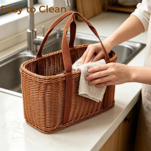 Shopping Wicker Basket with Handles, Handwoven Picnic Basket, Portable Storage Decor for Kitchen, Home, Outdoor and Farmers Market (S) - Image 7