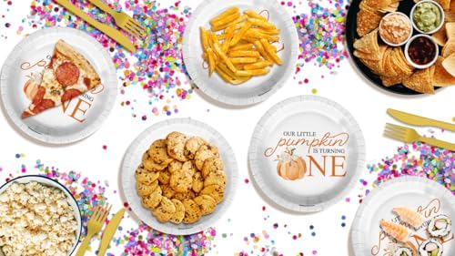 Our Little Pumpkin Is Turning One First Birthday - 32 Piece Disposable Party Supplies - Decorations for Fall 1st Birthday Round Party Plates - Large 9" Paper Plates In Bulk - Image 7
