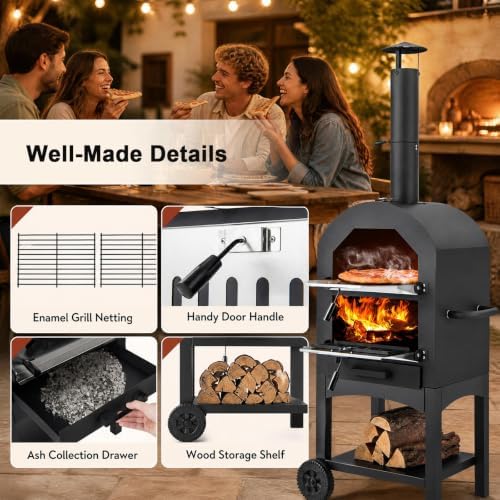 Happygrill Outdoor Pizza Oven Wood Fired with Wheels & Built-in Thermometer - Image 4