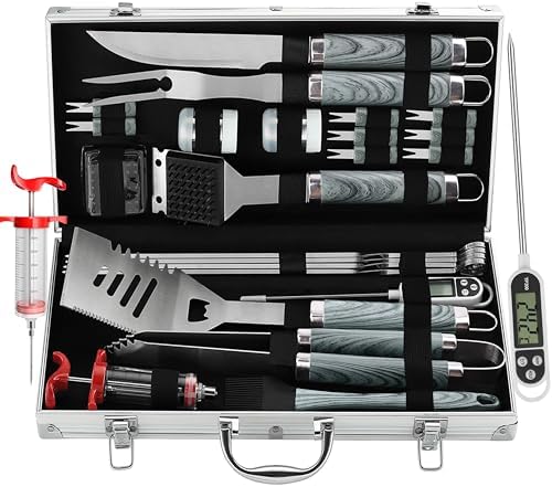 grilljoy 24PCS BBQ Grill Tools Set with Meat Thermometer and Injector - Extra Thick Stainless Steel Fork, Spatula& Tongs - Complete BBQ Accessories in - Perfect Grill Gifts for Father's Day by grilljoy