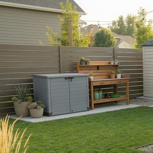 Duramax Cedargrain StoreAway 1200L Plastic Garden Storage Shed/Flat Lid - Outdoor Storage Bike Shed – Durable & Strong Construction– Ideal for Tools, Bikes, BBQs & 2X 240L Bins, 145x85x125 cm, Grey - Image 5
