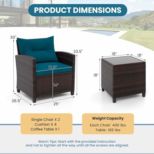 RELAX4LIFE 3 Piece Patio Furniture Set, Wicker Bistro Conversation Set w/2 Cushioned Armchairs & Glass Topped Table, Outdoor Rattan Sofa Set Patio Furniture for Porch Balcony Poolside (Peacock Blue) - Image 3