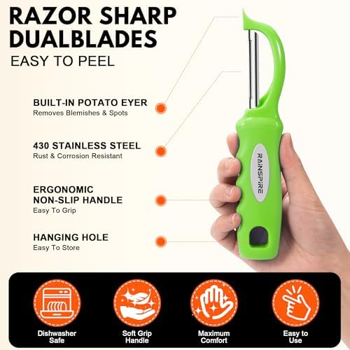 Rainspire Vegetable Peeler Potato Peelers for Kitchen, Sharp Stainless Steel Blades Veggie, Comfortable Handle Fruit Peeler, Carrot Peeler Apple Peeler Dishwasher Safe (2, Green) - Image 6