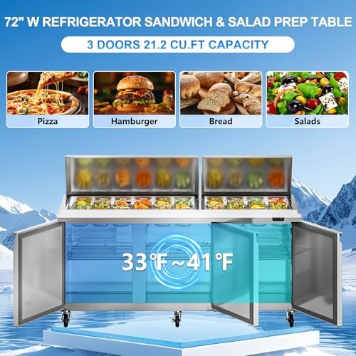 Rockitch 72" W Commercial Sandwich Prep Table Refrigerator 22 Cu.ft 30 Pans - Image 2