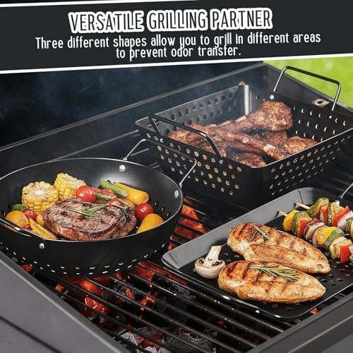 3 Pack Grill Topper Pans for Outdoor Grill, Stainless Steel Vegetables BBQ Grilling Basket with Holes Handles, Nonstick Barbecue Pan Grilling Gifts for Camping Picnic Cooking Seafood Meat - Image 2