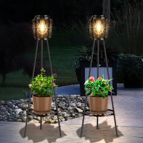 MXwcy 2 Pack Solar Lights Outdoor with Plant Stands, Solar Floor Lamp with LED Edison Bulbs for Garden Yard Pathway Driveway Front/Back Porch Decoration by MXwcy