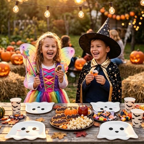 FOIMAS 50 Pcs Halloween Paper Plates, 9.84 Inch Cute Ghost Disposable Plates Spooky Boo Dessert Dinner Plate Tableware for Baby Shower Halloween Party Supplies Birthday Table Decor,White - Image 6