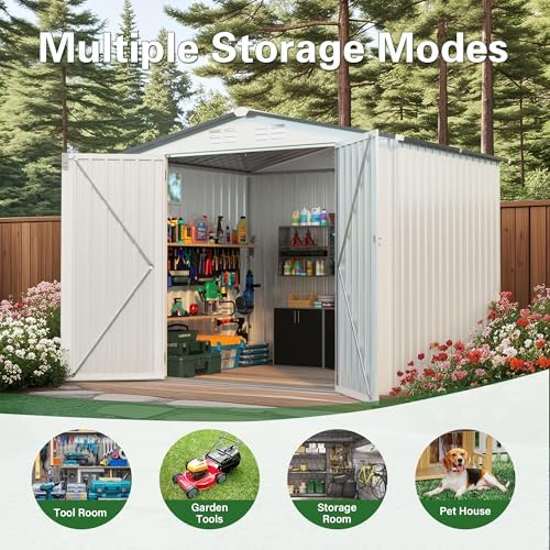 8x6FT Metal Storage Shed, Outdoor Garden Tool Shed, Galvanized Steel Lockable Backyard Organizer, Waterproof Weather Resistant Utility Storage House, Patio Courtyard Equipment Storage, Easy Assembly - Image 5