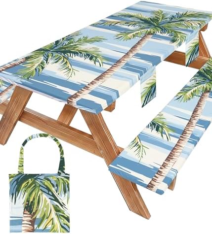 Picnic Table Cover with Bench Covers Waterproof Elastic Rectangle Reusable Folding Tablecloth Manteles Mantelería Camping Essentials Rv Car Travel Supplies Table Cloth Outdoor Road Trip Camper Gifts by Wrakus