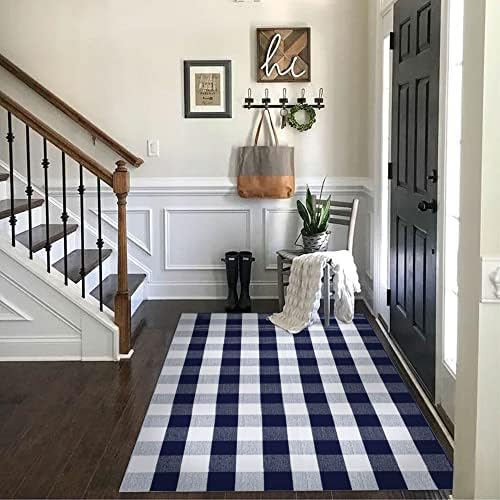 SEEKSEE Buffalo Plaid Rug 4' x 6' Navy Blue and White Large Front Door Mat, Layering Area Rug, Washable Rug for Outdoor Patio Entryway Indoor Living Room Kitchen Dining Room Decor by SEEKSEE