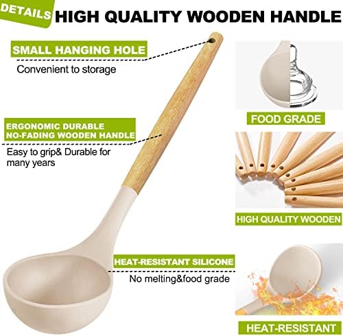 Umite Chef 36pcs Silicone Kitchen Cooking Utensils with Holder, Heat Resistant Cooking Utensils Sets Wooden Handle, Khaki Nonstick Kitchen Gadgets Tools Include Spatula Spoons Turner Pizza Cutter - Image 6