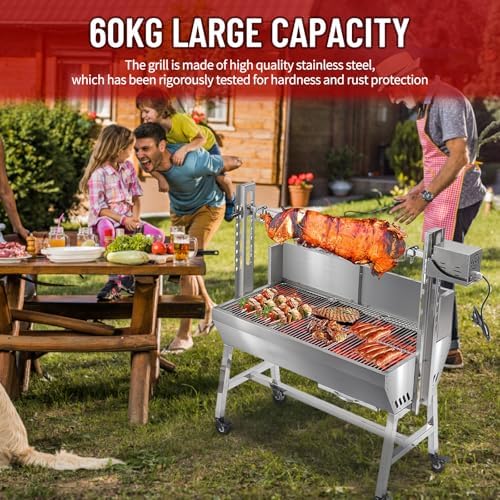 37" Electric Rotisserie Grill, Pig Lamb Spit Roaster Stand Rotisserie 132 Lbs Capacity With Adjustable Height, BBQ Charcoal Rotisserie Grill Kit Stainless Steel For Outdoor Party Camping - Image 4