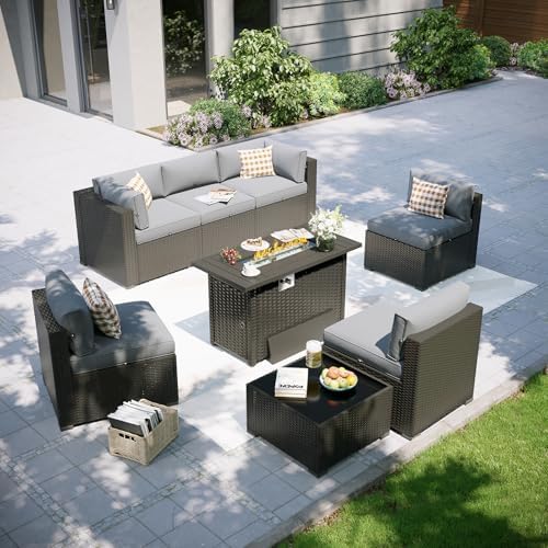 Aoxun Patio Furniture Set with Fire Pit Table, 8 Piece Outdoor Sectional Sofas, Wicker Rattan Outdoor Furniture with Thickened Cushion for Backyard, Garden Light Grey - Image 7