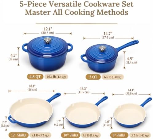 QuliMetal Enameled Cast Iron Cookware Set, 5 Pcs Pots and Pans with Lid, Skillet, Frying Pan, Saucepan & Dutch Oven for All Stovetops, PFA Free - Ideal for Sourdough Bread Baking - Image 2