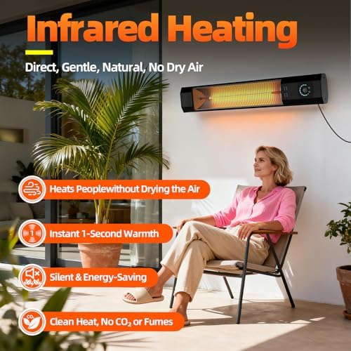 2S Fast Heating Infrared Outdoor Heater, 9 Heating Levels Electric Patio Heater with Motion Sensor, 34 In 9H Timer Wall Mounted Garage Heaters, for Porch, Gazebo, Workshop and Indoor - Image 3