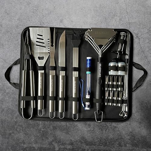 Barbecue Grill Tool Set - Stainless Steel - Strong Durable Design - Heat Resistant Glove & Bristle Free Grill Brush - Thermometer, Meat Injector, & Corn Skewers - Perfect For Smokers & Grills - Image 3