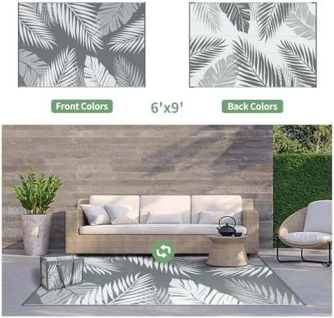 GENIMO Outdoor Rug 6' x 9' Waterproof for Patios Clearance, Reversible Plastic Straw Camping Carpet with Rectangular Storage Bag, Large Area Rugs and Mats for RVs,Garden, Beach, Gray & White - Image 2