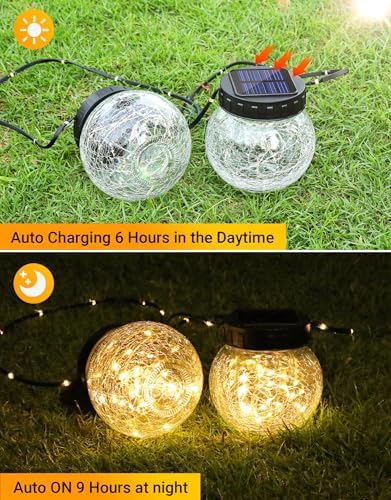 PARTPHONER Solar Lanterns Solar Lights Outdoor Waterproof 18-Pack, Solar Powered Hanging Lights Cracked Glass Hanging Globes for Christmas Decoration, Shepherd Hook, Garden Tree Ornaments - Image 4