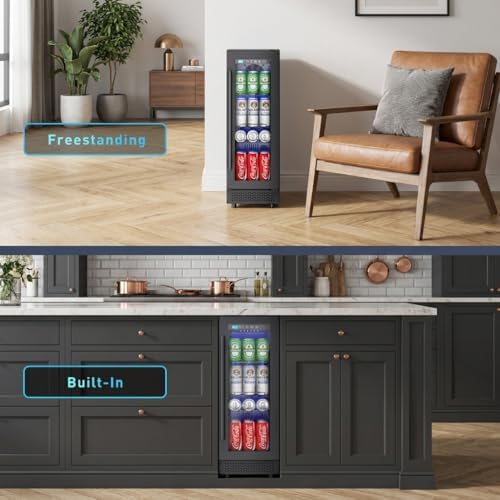 12 Inch Beverage Refrigerator, 60 Can Under Counter Beverage Fridge with Glass Door Built-in or Freestanding, Drink Fridge for Soda Beer Wine-Kitchen Bar Office - Image 6