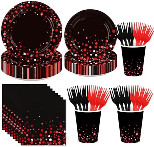 250 Pcs Black and Red Party Decorations, Serves 50 by Greencian