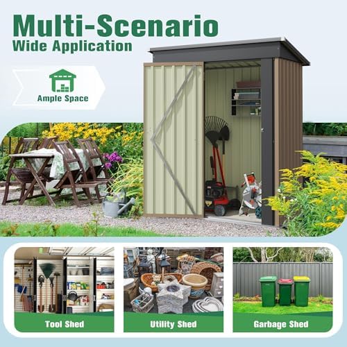 Flamaker 5x3 FT Storage Shed Waterproof Metal Garden Shed with Lockable Door Utility Tool Shed Outdoor Storage for Backyard, Patio and Lawn, Brown - Image 6