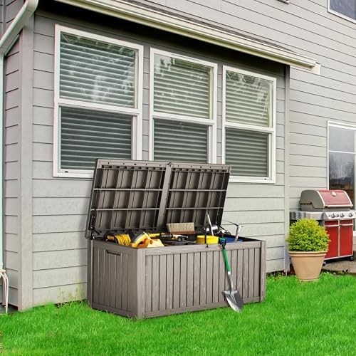 Outdoor Storage Box, 180 Gallon Waterproof Deck Box, Piston-Lift Tall Standing Cabinet for Oversized Cushions, Lockable Deep Tool Organizer Storage Bench, Large Lawn, Grey - Image 2