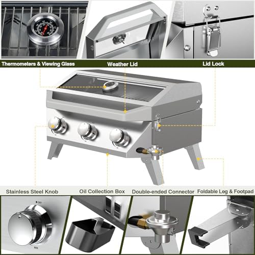 BESTFIRE Portable Propane Grill, 3-Burner Tabletop Gas Grill with 2-in-1 Connection for 1lb/20lb Tanks, 30,000 BTU Stainless Steel BBQ with Observation Window & Thermometer for Outdoor, Tailgating - Image 2