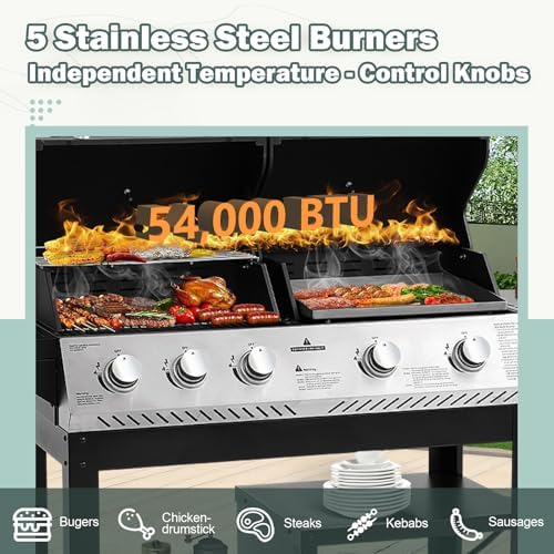 Outdoor Grill Griddle Combo, 54,000 BTU Propane BBQ with 627 SQ.IN. Cooking Area, Porcelain Cast Iron Grates, Foldable Tables, Locking Wheels & Storage Cabinet for Backyard - Image 3
