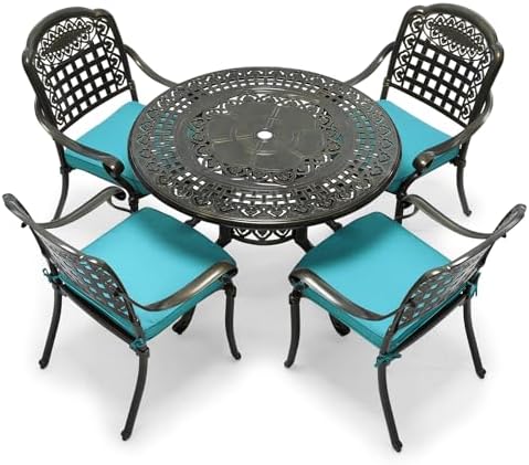 VIVIJASON 5-Piece Patio Furniture Dining Set, All-Weather Cast Aluminum Outdoor Conversation Set, Include 4 Cushioned Chairs and 1 Round Table w/Umbrella Hole for Balcony, Backyard, Ocean Blue Cushion by VIVIJASON