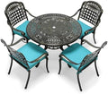 VIVIJASON 5-Piece Patio Furniture Dining Set, All-Weather Cast Aluminum Outdoor Conversation Set, Include 4 Cushioned Chairs and 1 Round Table w/Umbrella Hole for Balcony, Backyard, Ocean Blue Cushion by VIVIJASON
