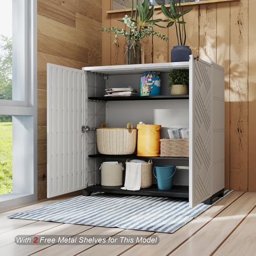HOMSPARK Indoor/Outdoor Storage Cabinet with Doors and 2 Metal Shelves, 34”x15”x34” HDPE Plastic Storage Box for Patio, Garden, Enterway, Balcony, Multi-Purpose for Daily Tools, White - Image 4