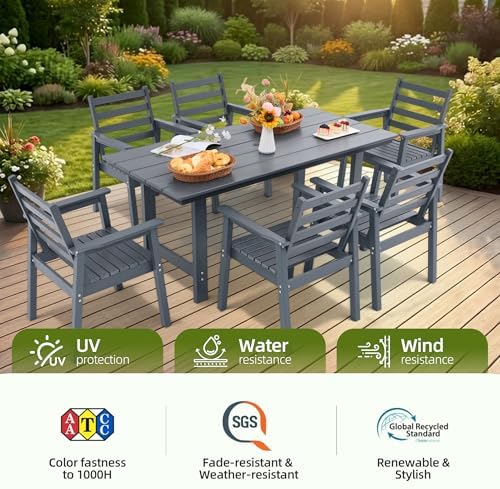 7-Piece Outdoor Dining Set, All-Weather HDPE Patio Furniture, 66.5" Slatted Table with 1.6" Umbrella Hole & 6 Ergonomic Armchairs, Heavy Duty 350lbs Capacity, UV Resistant, Gray - Image 6