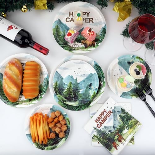 Camping Party Plates Napkin Happy Camper Dinnerware Camping Adventure Themed Birthday Party Tableware Set Disposable Fork Supplies for Boys Girls Tournament Birthday Decorations Serve 24 - Image 5