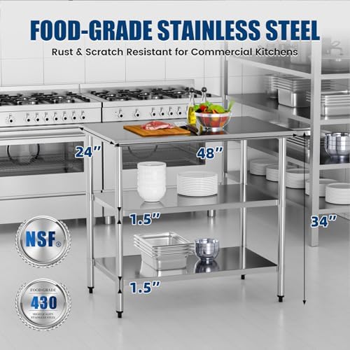 Stainless Steel Work Table 24 x 48 Inch with 2 Adjustable Undershelves, Heavy-Duty Metal Prep Table for Commercial Kitchen & Restaurant, Garage, Outdoor - Image 3
