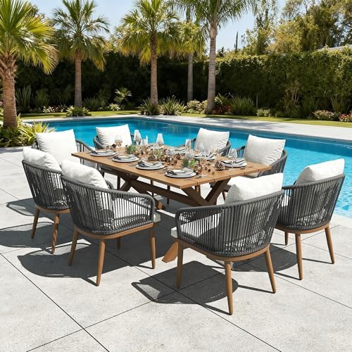 LayinSun 9 Pieces Outdoor Patio Dining Set, Aluminium Rectangular Dining Table and Wicker Rattan Chairs Set for Outside Backyard, Poolside by LayinSun