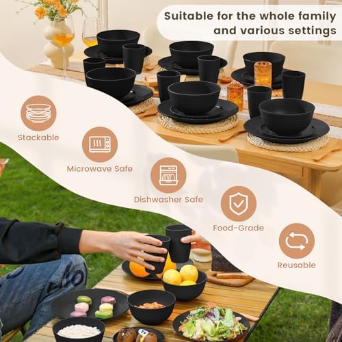 Homienly 24-Piece Wheat Straw Dinnerware Sets,Service for 6 - Cups, Plates and Bowls Sets,Reusable Dishwasher and Microwave Safe Melamine Dinnerware Set for Home,Camping,RVs - Black - Image 6