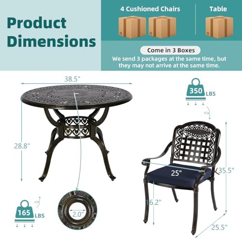 MEETWARM 5 Piece Patio Dining Set, Outdoor All-Weather Cast Aluminum Dining Table Set, Patio Furniture Set for Backyard Garden Deck, Include 4 Chairs, 4 Cushions and 1 Round Table, Navy Blue - Image 3