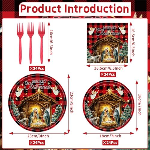 Christmas Nativity Party Decorations, 96PCS Happy Birthday Jesus Disposable Paper Plates and Napkins Decorations, Religious Buffalo Plaid Christmas Forks Supplies Serves 24 - Image 2
