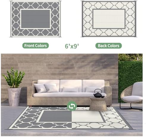 GENIMO Outdoor Rug, Waterproof Plastic Rugs for Patio, 6'x9' Grey White - Image 6