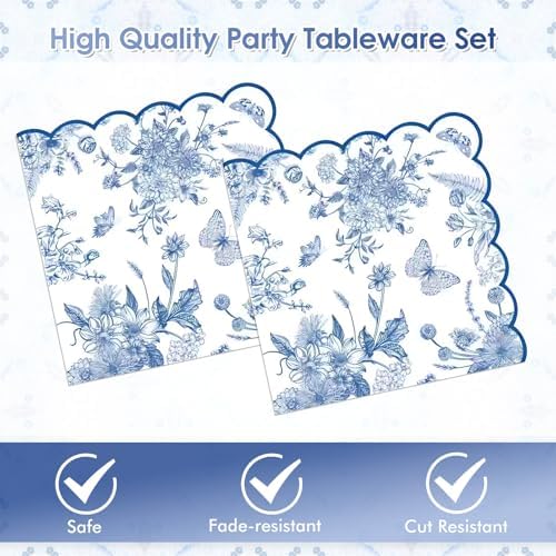 50 Pcs Blue Floral Plates and Napkins, Blue Floral Party Supplies - Image 4