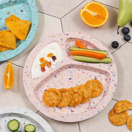 Bzyoo 9-Inch Melamine Divided Plates – 3-Section Portion Control Plates, Food Safe & Durable, Lightweight & Unbreakable, Reusable Tableware for Kids, Big Kids & Everyday Meals, Confetti Pink - Image 2