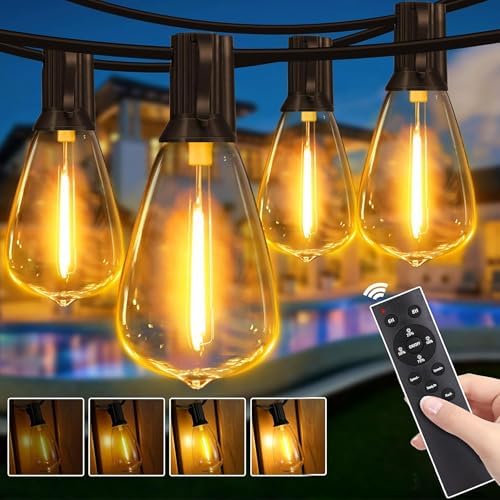 Outdoor String Lights Dimmable with Remote, 50 FT Outdoor Lights with 2 Timer and 3 Modes, Waterproof & Shatterproof Patio Lights, 2200K Energy Saving LED String Lights 2 Spare Bulbs for Patio Yard by GuhopeLighting